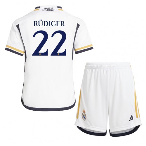 Otroški Nogometni dresi Real Madrid Antonio Rudiger #22 Domači 2023-24 Kratek Rokav (+ Kratke hlače)